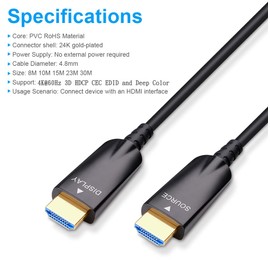 DTECH Fiber Optic HDMI Cable 100ft/30m Support UHD 4K 60Hz 2K 144Hz 18Gbps High Speed Thin and Light Weight an Ideal Solution for Long Distance Transmission