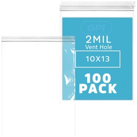 100 Count - 10" x 13" 1 Gallon Zip Bags with Vent Hole, 2 Mil Thick, Reclosable Poly Zipper Baggies for Packaging Clothing & Apparel, Light Tools or Food Items that need ventilation - GPI
