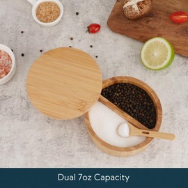 KITCHENDAO Bamboo Salt and Pepper Bowl Box Cellar Container Divided, Built-in Serving Spoon to Avoid Dust, Swivel Lid to Keep Dry, Sea Salt Spice Seasoning Keeper Holder, Dual 7 Ounce Capacity