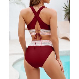 VIMPUNEC - Conjunto de bikini de cintura alta para mujer, traje de baño de dos piezas con control de abdomen, Rojo -, Small