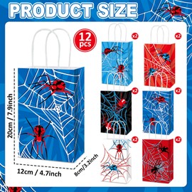12Pcs Spider Party Favor Bags Spider Web Birthday Party Decorations Red Blue Black Color Gift Goodie Bags with Handles for Spiders Fans Kids Boys Birthday Baby Shower Game Parties Table Decoration