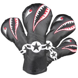 OGECLF 4pcs/set Black Leather with Shark Embroidery Golf Club Driver Fairway Wood Hybrid Head Covers 1 3 5 UT Covers