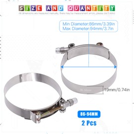 Glarks 2Pcs 86-94mm Stainless Steel T-Bolt Hose Clamps Turbo Intake Soft Hose Intercooler Clamps