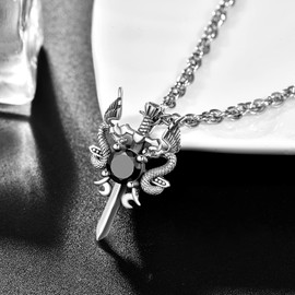 KINGWHYTE Dragon Sword Cross Pendant Necklace 925 Sterling Silver Pendant Vintage Jewellery Gothic Birthday Gift for Men Women Unisex Teens Adjustable Chain with Gift Box