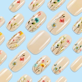24Pcs Flower Press on Nails Medium Square Fake Nails Spring Full Cover Acrylic Nails Brown False Nails with Floral Designs Glossy Glue on Nails Cute Ballet Stick on Nails for Women Girls