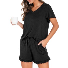 PrinStory Womens Pajamas Set Lounge Sets Short Sleeve Sleepwear Soft Pjs Shorts Set with Pockets Black S