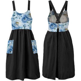 Uaussi - Delantal floral ajustable en la espalda cruzada, estilo clásico con bolsillos (negro flora azul)