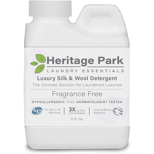 Heritage Park Silk & Wool Detergent - Fragrance Free, Hypoallergenic & Dermatologist Tested - Safe for Natural Fabrics - Gentle & Effective, pH Neutral, Enzyme Free, 3X Concentrated Formula - 4 Fl oz