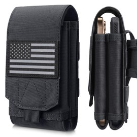 Molle Phone Pouch Tactical Holster Universal Dual Cell Phone Holder Utility EDC Pouch with US Flag Patch (Black)