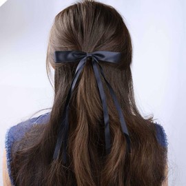 TseenYi Bow Satin Hair Clip Black Ribbon Bow Hairclips Long Tassel Tail Bow Knot Clips Big Bow Ties Tail Barrette Bridal Satin Ribbon Barrette Winter Ribbon Bow Accessories