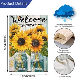 YBTLhome Welcome Spring Summer Fall Sunflower Garden Flag Farmhouse Mason Jar Floral Double Sided Garden Flags for Outside Small Burlap Yard Flags for Outside Porch Lawn Decorations 12 x 18 inches
