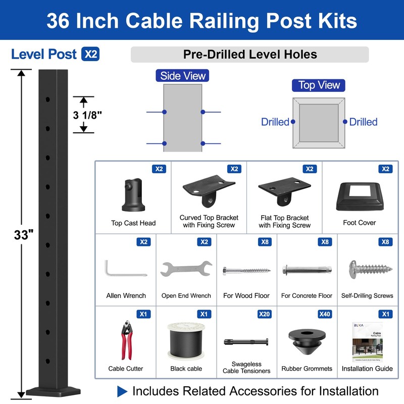 BLIKA Complete Set 36" Cable Railing Post Kit, Black Surface
