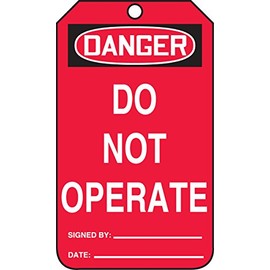 Accuform MDT250CTP PF-Cardstock Safety Tag, Legend "Danger Do Not Operate", 5.75" Length x 3.25" Width x 0.010" Thickness, Black/White on Red (Pack of 25)