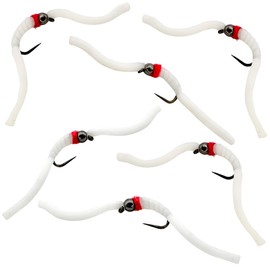 Thor Outdoor 6 Pc Squirmy Wormy Set, White Size #12 - Barbless Wet Worm Fly Fishing Flies for Trout, Panfish, Bass