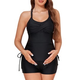 MiYang Maternity Tankini Swimsuit Criss Cross Back Bathing Suit Ruched Tie Side Pregnancy Swimwear Two Piece Black Medium