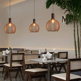 YNDD Wood Pendant Light, E26 Base Hanging Lamp Indoor, Natural Wooden Hand Made Chandelier, Boho Height Adjustable Dining Table Hanging Lamp for Hotel Bar Café Kitchen Island Hallway Entryway