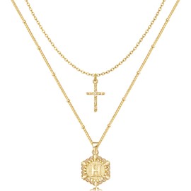 KELORIS PATH Gold Layered Initial Cross Necklace, 14K Gold Plated Layering Square Letter Pendant Figaro Chain Cross Choker from A-Z Capital Jewelry for Women Girls, Stainless Steel, Cubic Zirconia