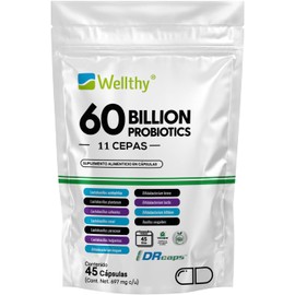 Wellthy Probioticos 60 Billones 11 Cepas. 45 Cápsulas Mes y Medio de Consumo, Cápsulas Veganas, DRcaps® Acción Prolongada, Bottle Free.