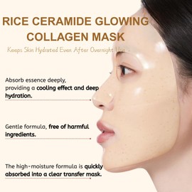 6Pcs Rice Glow Collagen Mask, Rice Ceramide Collagen Face Mask, Bio Overnight Face Mask for Glass Skin, Brightening Night Wrapping Gel, Tightening, Shrink Pores, Soothe, Repair, Korean Skincare