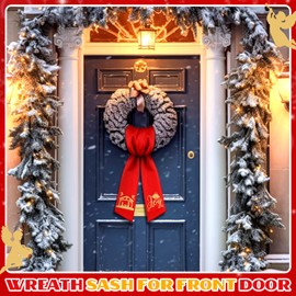 CraftyDream Wreath Sash for Front Door Wreath Satin Sash for Wreath Embroidery Monogram Wreath Sash Accessories Xmas Party Yard Doorway Indoor Outdoor Wall (Red, Gold,Nativity)