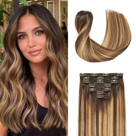 Sunfly Clip in Hair Extensions Real Human Hair Balayage Chocolate Brown to Caramel Blonde 16 Inch Clip In Extension 120g 7Pcs