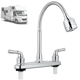Cinwiny RV Kitchen Sink Faucet Deck Mounted 8 Inch Camper Kitchen Faucets with Flexible Arc 360 Degree Spout, Kitchen Mixer Taps for Campers Motorhome Travel Trailer, Polished Chrome
