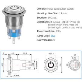 Quentacy 19mm 3/4" Latching Push Button Switch 12V 48V DC LED Power Symbol ON-OFF Waterproof Toggle Switch Stainless Steel Shell with Wire Connector Plug(Blue light)