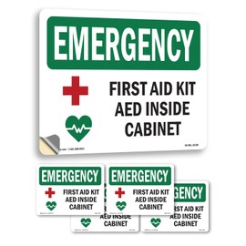 First Aid Kit AED Inside Cabinet With Symbol OSHA Emergency Vinyl Decal Label 14 Inch x 10 Inch - 5 Pack