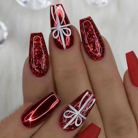 BABALAL Christmas Press on Nails Long Coffin Fake Nails Red Glue on Cute Bow Glitter Shiny Acrylic Nails 24Pcs Ballerina Manicure False Nails for Women and Girls