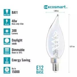 Eco-Smart Ecosmart 40-Watt Equivalent Dimmable E12 Candelabra 3 Pack B11 Daylight Clear