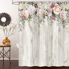 Dtekoj Pink Flower Shower Curtain, Rose Rustic Wooden Grain Bathroom Curtain Set, Vintage Spring Country Cottage Garden Fabric Bathroom Decor Accessories Bath Curtain with Hooks, 70X70IN