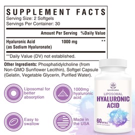 Sambugra Liposomal Hyaluronic Acid 1000mg, High BioavailabilityHyaluronic Acid Capsules, Dietary Supplement Support Skin and Bones, 180 Capsules (Pack of 3)