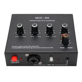 Mic Preamp Microphone Booster, Home Audio Power Amplifier with 3 Inputs, 60dB Gain and 48V Phantom Power, Small Stereo Audio Preamp for Dynamic and Condenser Microphones (with 3.5mm Sound Cable)