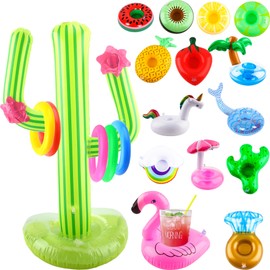 Sonarun 14 Pack Inflatable Drink Holder Set of Inflatable Cactus Ring Toss Game Floating Coasters Pool Drink Holder and Floating Cup Holder for Kids Pool Party Supplies Summer Water Activities