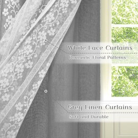 ASPMIZ Linen Kitchen Curtains 36 Inch Length, Double Layered Window Curtain 2 Panel Sets Rod Pocket Short Curtains for Kitchen, Farmhouse Window Treatment Tiers for Bathroom, Cafe, Grey