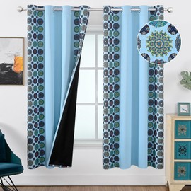 Estelar Textiler Sky Blue Boho Blackout Curtains for Living Room, Full Room Darkening Grommet Mandala Pattern Design Curtains for Bedroom, Light Blocking Thermal Insulated Drapes, 52Wx72L, 2 Panels