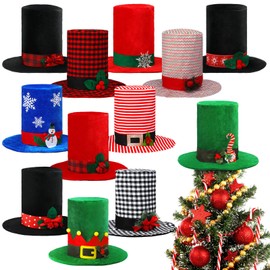 Shinymoon 12 Pcs Christmas Top Hat Snowman Topper Bulk Vintage Holiday Tree Decor with Tartan Plaid Band Holly Berries, Winter Xmas Party Supplies Adults Caroler Costume Hat