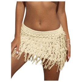 Verdusa Women's Fringe Trim Hollow Out Crochet Short Skirt Cover Up Apricot Medium