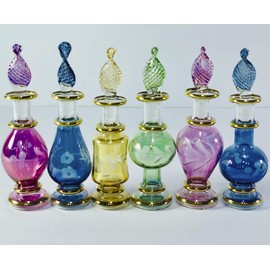 Egyptian Hand Blown Glass Miniature Genie Bottles - Set of 6, 2" (5 cm), Gold Decorative, Essential & Perfume Oils