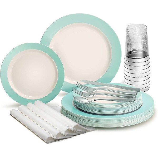 " OCCASIONS" 960 Piece set (120 Guests)-Wedding Party Disposable Plastic Plate Set -120x10.5'' + 120x7.5'' +Silverware +Cups +Napkins (Rio, White & Pearled Turquoise)