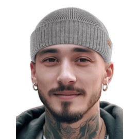 OUTDOOR SHAPING Merino Wool Short Fisherman Beanies for Men Women, Knit Cuff Trawler Beanie Cap, Winter Warm Daily Hat, Light Gray, One Size