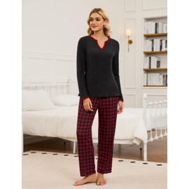 Blooming Jelly Womens 2 Piece Pajama Sets Flannel Soft Fleece Cozy Sleepwear V Neck Drawstring Loungewear (M, Red Plaid)