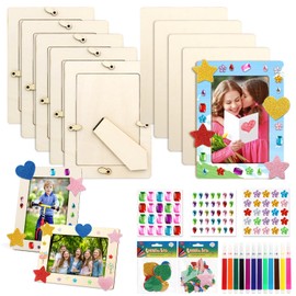 Set of 10 Wooden Picture Frames for Painting, 20 x 15 cm Wooden Picture Frame for Painting, DIY Craft Set with Glitter Stones Glitter Foam Rubber Sticker Coloured Brushes for Children, Decoration