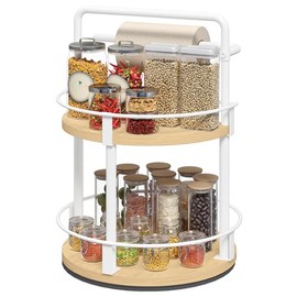 MAHANCRIS Spice Rack, 2-Tier Rotating Organiser Kitchen Shelf, 30 x 30 x 43.2 cm, Circular Rotating Spice Rack Standing, Spice Rack for Kitchen and Dining Room, White ASPBN17801