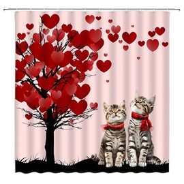 AEMBEE Valentine's Cat Shower Curtain Red Heart Rose Flower Funny Cat Romantic Sweetheart Couple Polyester Bathroom Curtains with Hooks,Pink Red Black