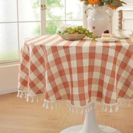 Laolitou Orange Checkered Round Tablecloth Washable Buffalo Plaid Table Cloth with Tassel Cotton Linen Gingham Table Cover for Fall and Thanksgiving Decorations, Orange, Round, 60", 2-4 Seats