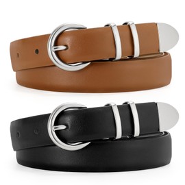 JASGOOD 2 Pack Women's Leather Belts with Silver Buckle Fashion Leather Waist Belt Elegant Ladies Belts for Jeans Dress（Black+Light Brown）