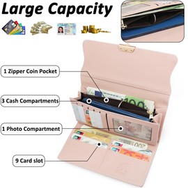 GOUNNU Women's Long Purse, Large Wallet for Women, PU Leather with 9 Card Slots, Long Purse, Women's Purse Large with Zip, Coin Compartment and Many Compartments, A-dark pink, Modern