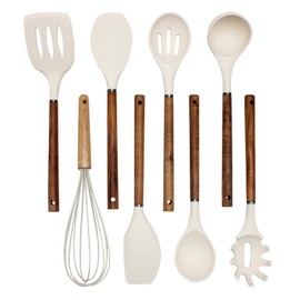 Country Kitchen Silicone Cooking Utensils, 8 Pc Kitchen Utensil Set, Easy to Clean Wooden Kitchen Utensils, Cooking Utensils for Nonstick Cookware, Kitchen Gadgets and Spatula Set - Khaki