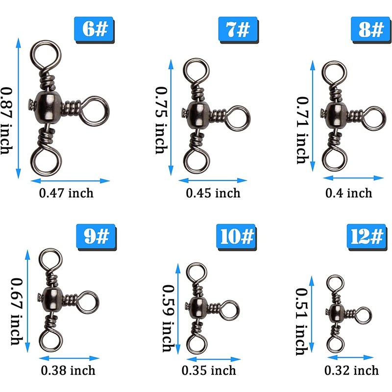 Three 3 Way Barrel Fishing Swivels Cross-Line - 60pcs T-Turn